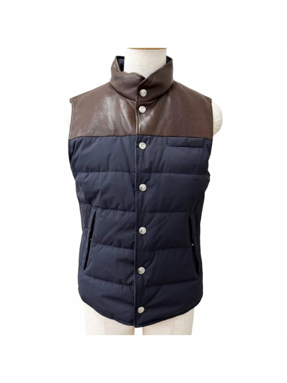 Brunello Cucinelli Lambskin Goose Feather Puffer Vest Navy Brown